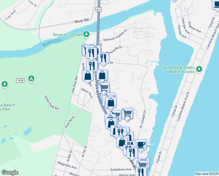 map of restaurants, bars, coffee shops, grocery stores, and more near 407 Risley Road in Carolina Beach