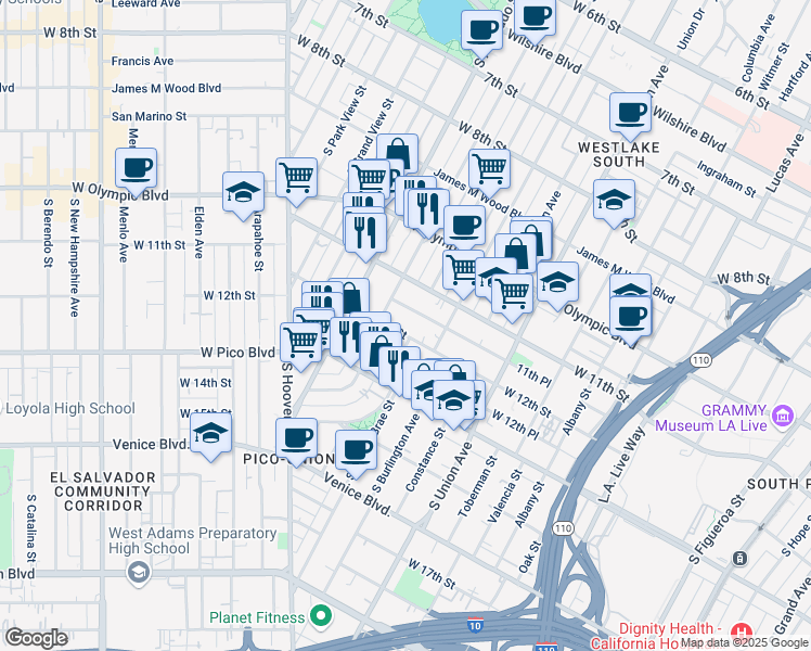 map of restaurants, bars, coffee shops, grocery stores, and more near 1839 West 12th Street in Los Angeles