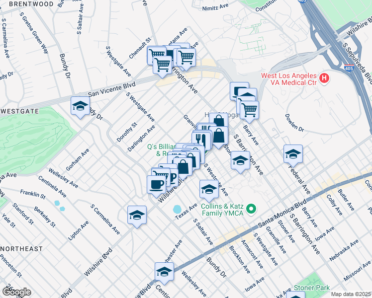 map of restaurants, bars, coffee shops, grocery stores, and more near 11855 Goshen Avenue in Los Angeles