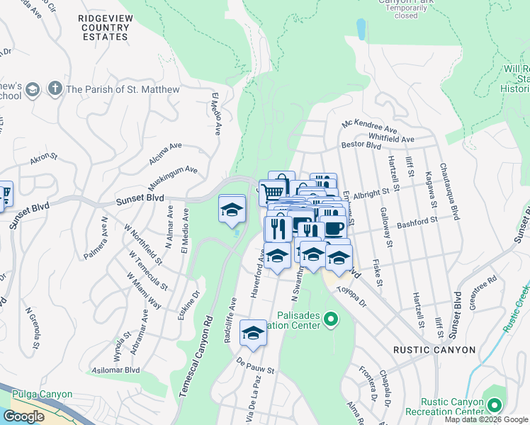 map of restaurants, bars, coffee shops, grocery stores, and more near 15500 Sunset Boulevard in Los Angeles