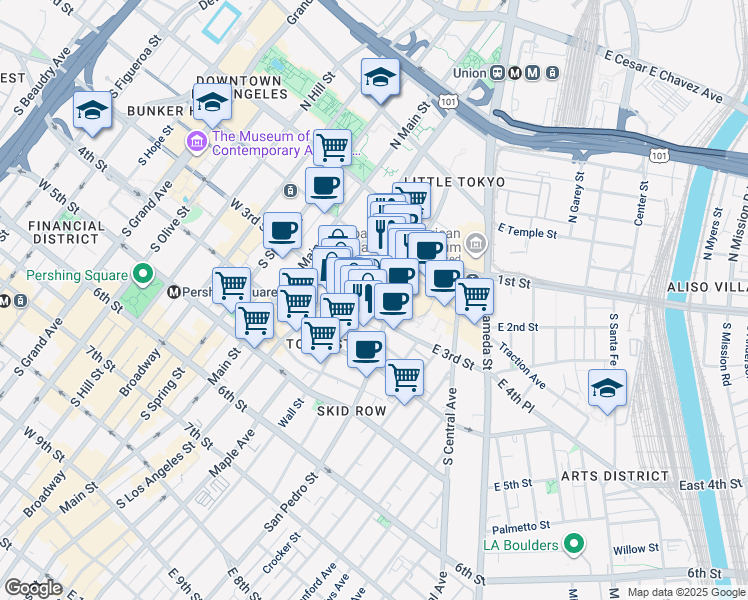 map of restaurants, bars, coffee shops, grocery stores, and more near 231 East 3rd Street in Los Angeles