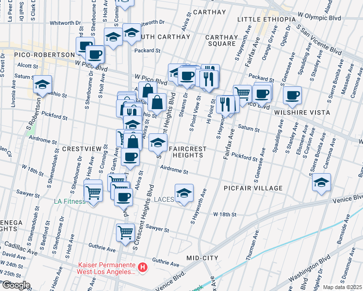 map of restaurants, bars, coffee shops, grocery stores, and more near 5980 Pickford Street in Los Angeles