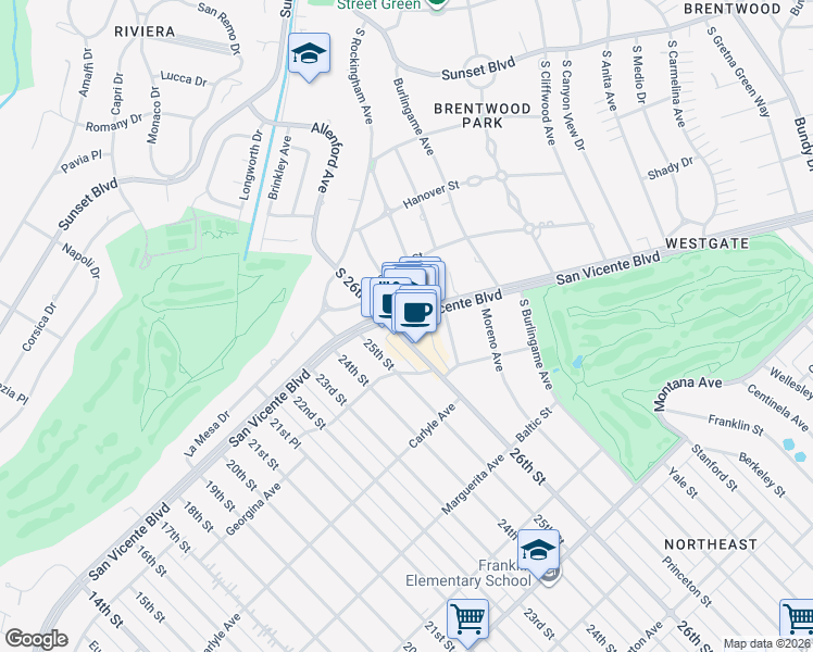 map of restaurants, bars, coffee shops, grocery stores, and more near 13050 San Vicente Boulevard in Los Angeles