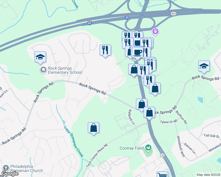 map of restaurants, bars, coffee shops, grocery stores, and more near 1151 Laurel Valley Trail in Buford