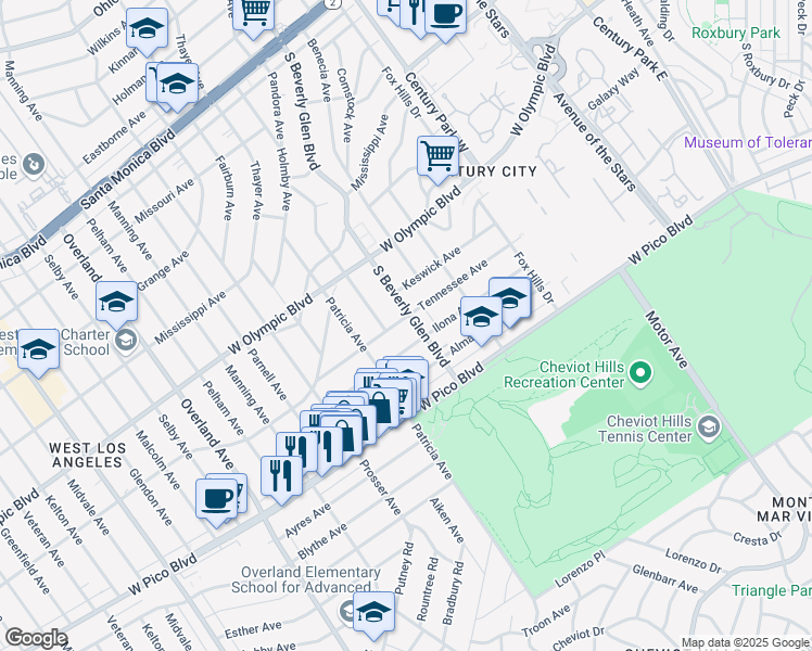 map of restaurants, bars, coffee shops, grocery stores, and more near 2301 South Beverly Glen Boulevard in Los Angeles