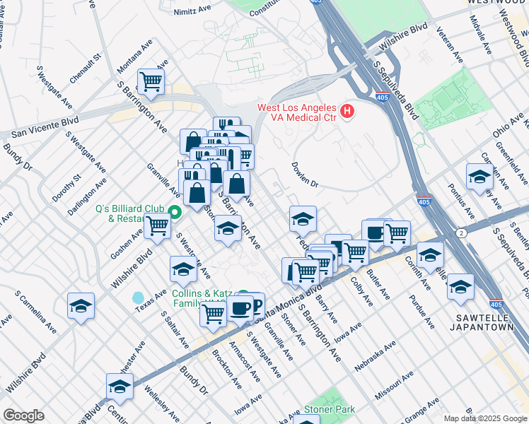 map of restaurants, bars, coffee shops, grocery stores, and more near 1288 Barry Avenue in Los Angeles