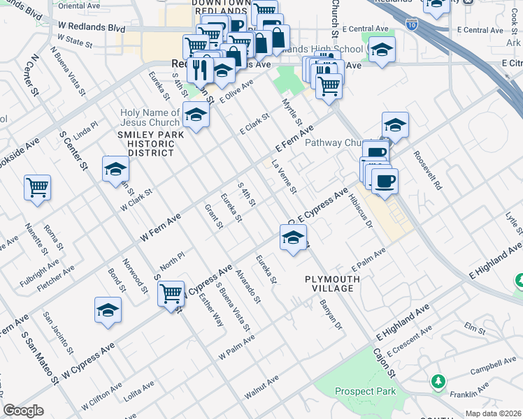 map of restaurants, bars, coffee shops, grocery stores, and more near 509 South 4th Street in Redlands