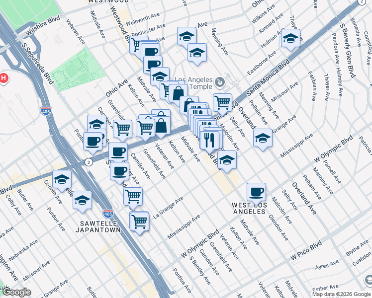 map of restaurants, bars, coffee shops, grocery stores, and more near 1845 Midvale Avenue in Los Angeles