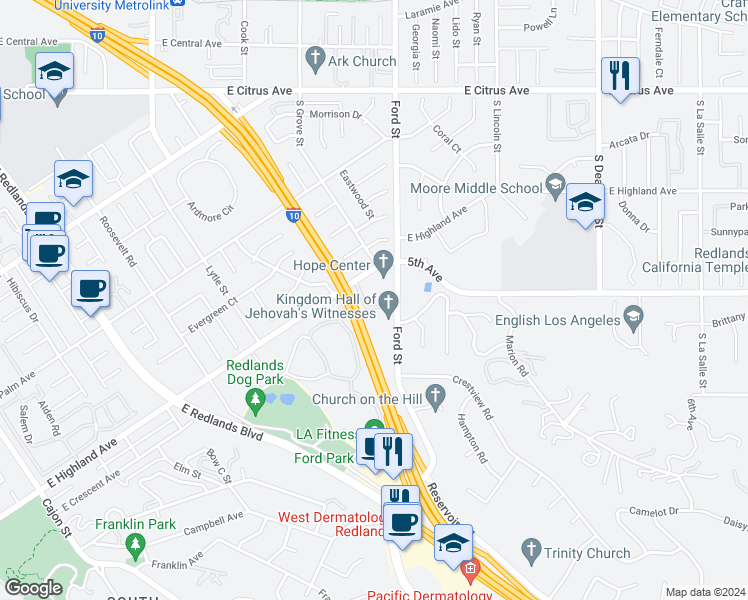map of restaurants, bars, coffee shops, grocery stores, and more near 1200 East Highland Avenue in Redlands