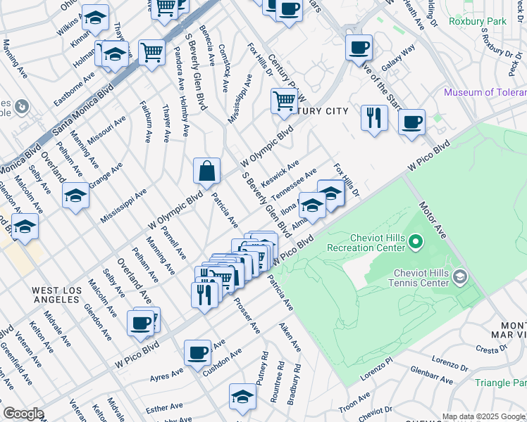 map of restaurants, bars, coffee shops, grocery stores, and more near 2301 South Beverly Glen Boulevard in Los Angeles