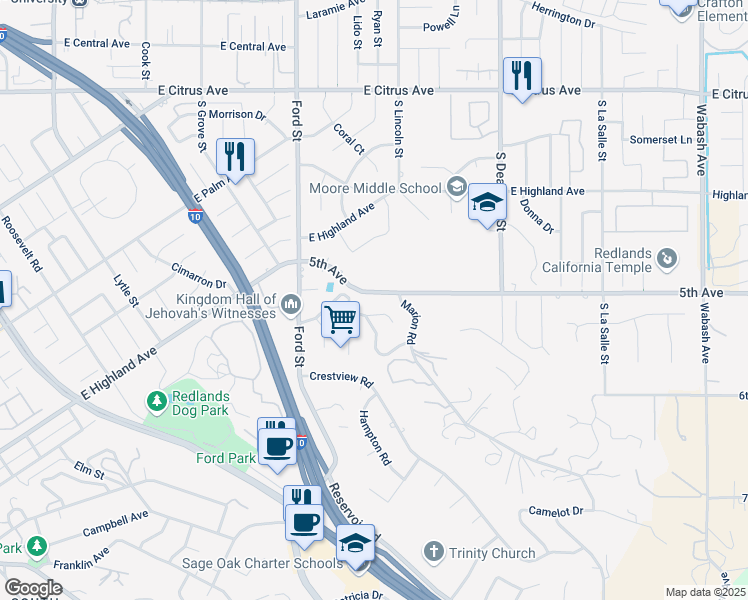 map of restaurants, bars, coffee shops, grocery stores, and more near 1426 5th Avenue in Redlands