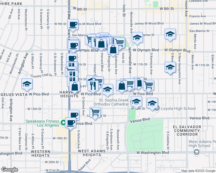 map of restaurants, bars, coffee shops, grocery stores, and more near 1219 South Kingsley Drive in Los Angeles
