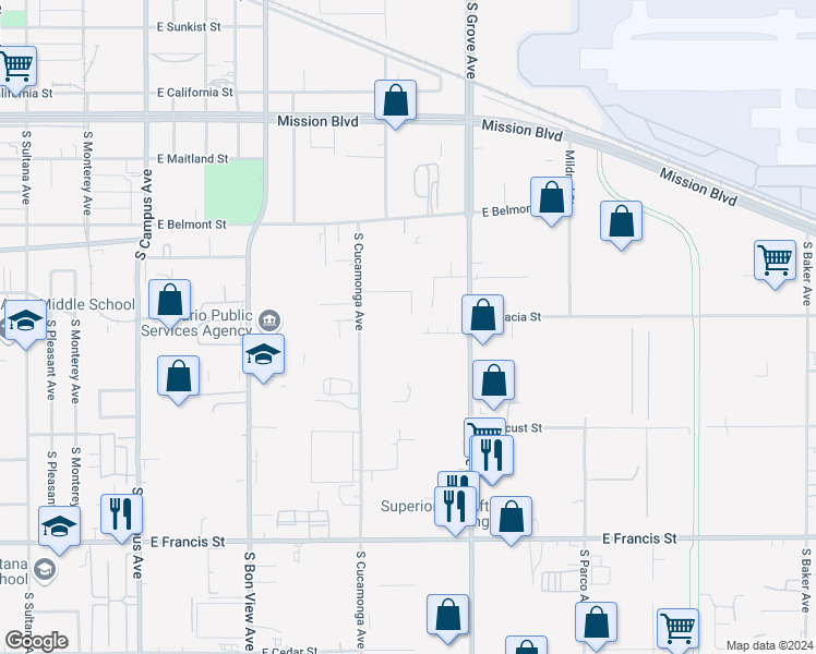 map of restaurants, bars, coffee shops, grocery stores, and more near 1409 South Cucamonga Avenue in Ontario