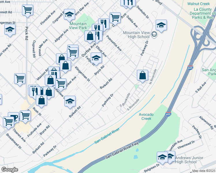 map of restaurants, bars, coffee shops, grocery stores, and more near 2442 Burkett Road in El Monte