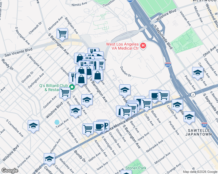 map of restaurants, bars, coffee shops, grocery stores, and more near 1288 Barry Avenue in Los Angeles