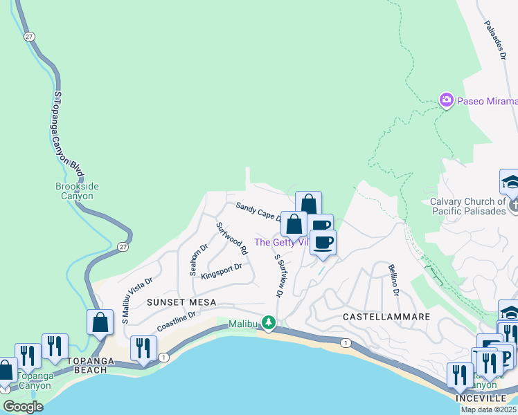 map of restaurants, bars, coffee shops, grocery stores, and more near 18063 Sandy Cape Drive in Los Angeles
