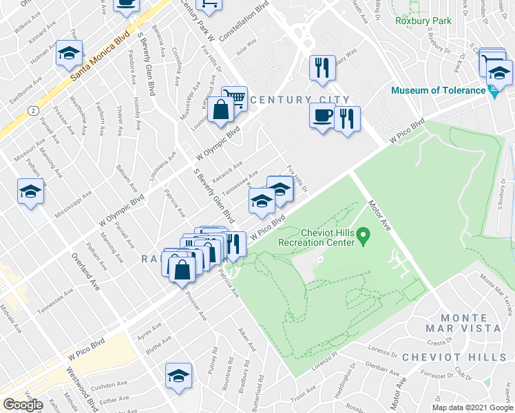 map of restaurants, bars, coffee shops, grocery stores, and more near 10365 Almayo Avenue in Los Angeles