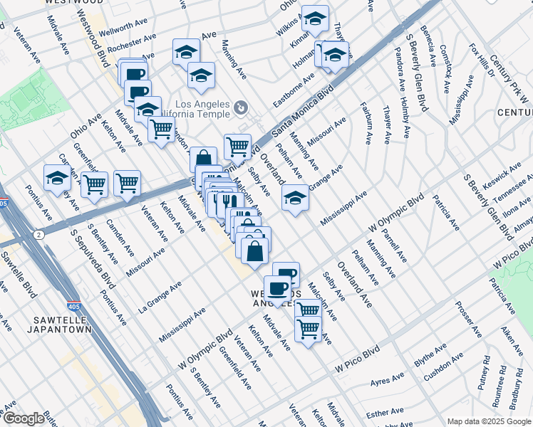 map of restaurants, bars, coffee shops, grocery stores, and more near 1948 Malcolm Avenue in Los Angeles