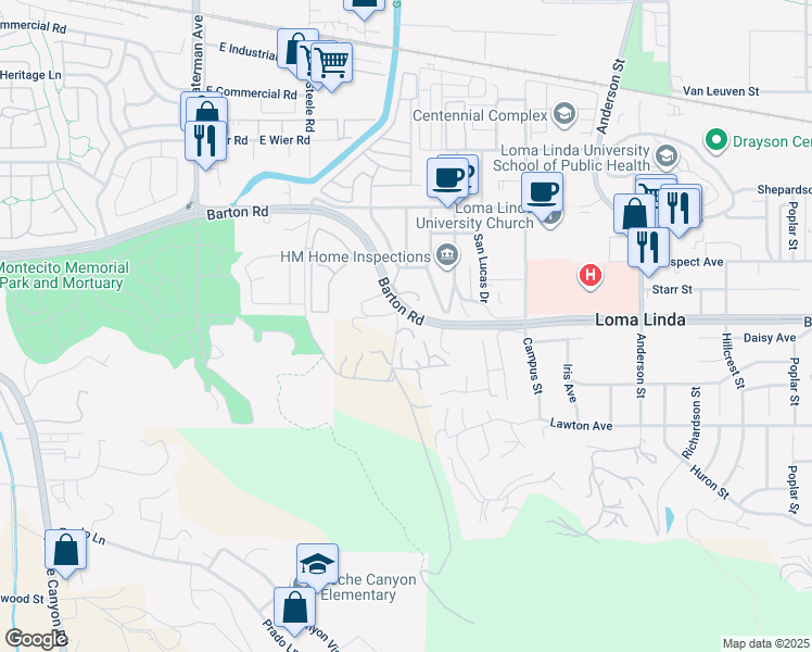 map of restaurants, bars, coffee shops, grocery stores, and more near 24493 Barton Road in Loma Linda