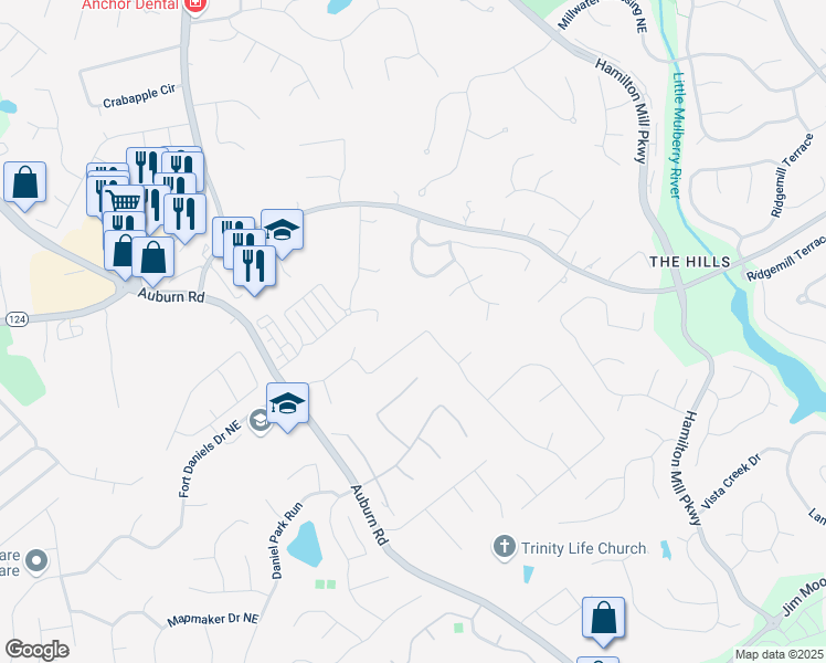map of restaurants, bars, coffee shops, grocery stores, and more near 1665 Windsong Park Drive Northeast in Dacula