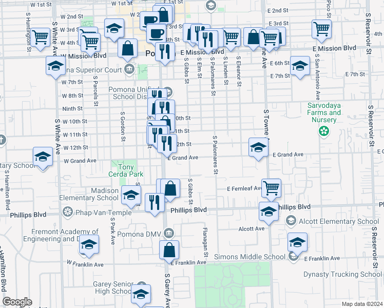 map of restaurants, bars, coffee shops, grocery stores, and more near 305 East Grand Avenue in Pomona