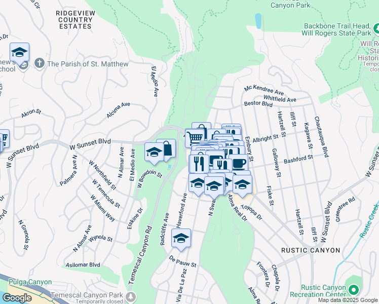map of restaurants, bars, coffee shops, grocery stores, and more near 15500 West Sunset Boulevard in Los Angeles