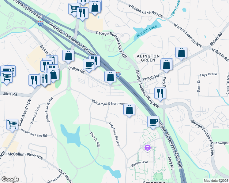 map of restaurants, bars, coffee shops, grocery stores, and more near 1275 Shiloh Road in Kennesaw