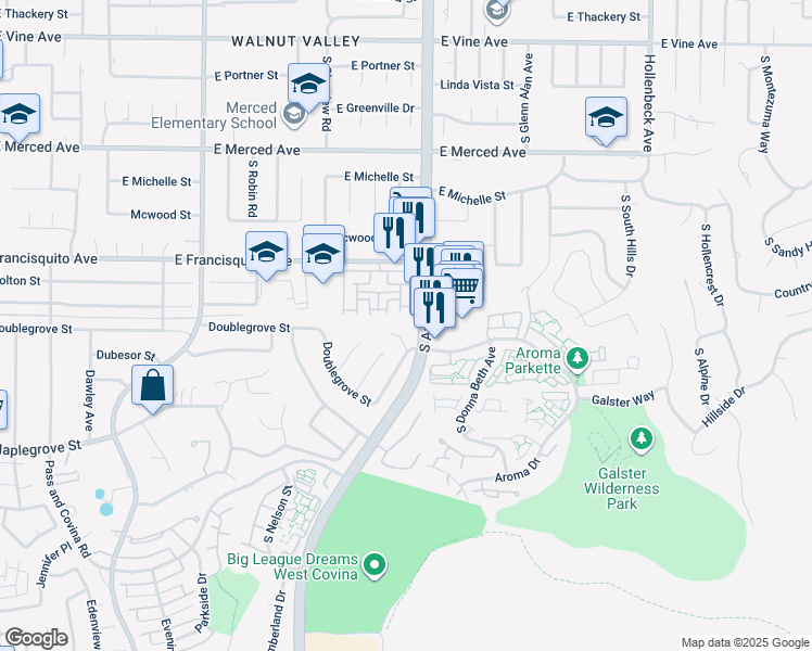 map of restaurants, bars, coffee shops, grocery stores, and more near 1516 Wimbledon Court in West Covina