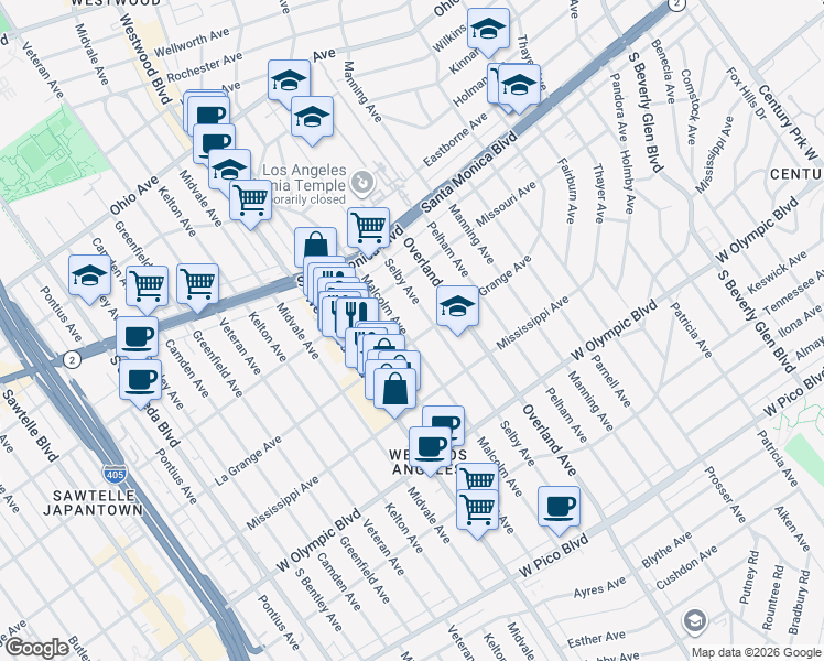 map of restaurants, bars, coffee shops, grocery stores, and more near 1948 Malcolm Avenue in Los Angeles