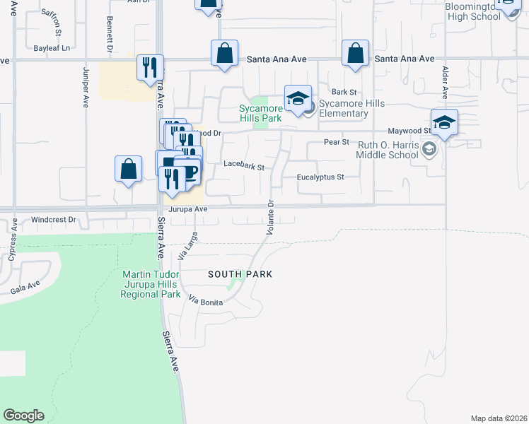 map of restaurants, bars, coffee shops, grocery stores, and more near 11327 La Brisa Circle in Fontana
