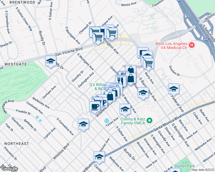 map of restaurants, bars, coffee shops, grocery stores, and more near 11848 Kiowa Avenue in Los Angeles