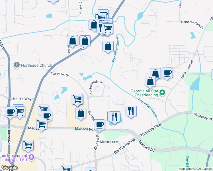 map of restaurants, bars, coffee shops, grocery stores, and more near 6105 Falling Water Court in Roswell
