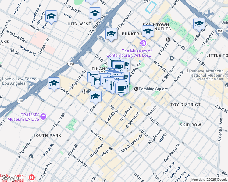 map of restaurants, bars, coffee shops, grocery stores, and more near 549 South Olive Street in Los Angeles