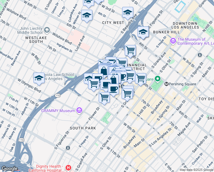 map of restaurants, bars, coffee shops, grocery stores, and more near 700 West 7th Street in Los Angeles
