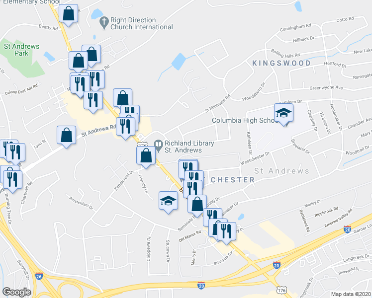 map of restaurants, bars, coffee shops, grocery stores, and more near 1602 Whiteford Road in Columbia