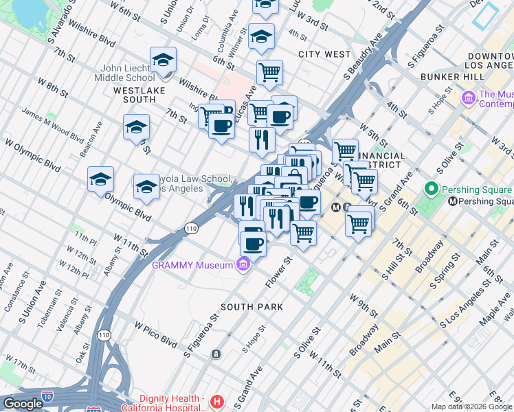 map of restaurants, bars, coffee shops, grocery stores, and more near 877 Francisco Street in Los Angeles