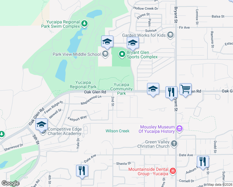 map of restaurants, bars, coffee shops, grocery stores, and more near 34900 North Serrano Square in Yucaipa