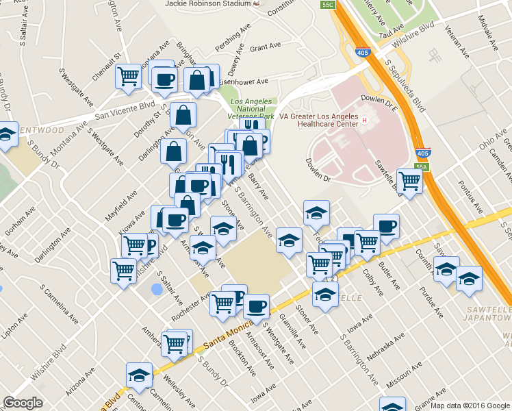 map of restaurants, bars, coffee shops, grocery stores, and more near 1242 South Barrington Avenue in Los Angeles