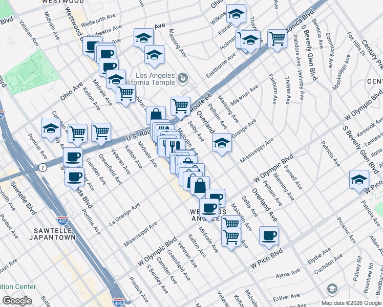 map of restaurants, bars, coffee shops, grocery stores, and more near 1935 Malcolm Avenue in Los Angeles