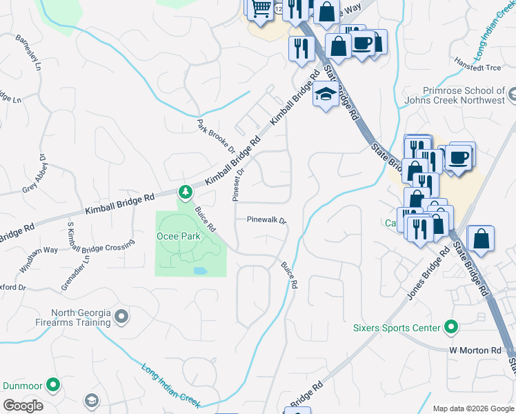 map of restaurants, bars, coffee shops, grocery stores, and more near 10890 Pinehigh Drive in Alpharetta