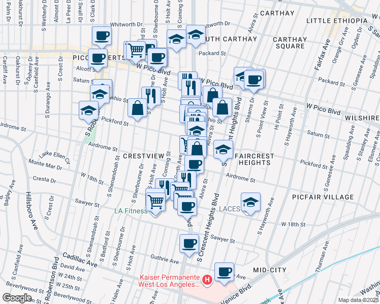 map of restaurants, bars, coffee shops, grocery stores, and more near 1620 South Garth Avenue in Los Angeles