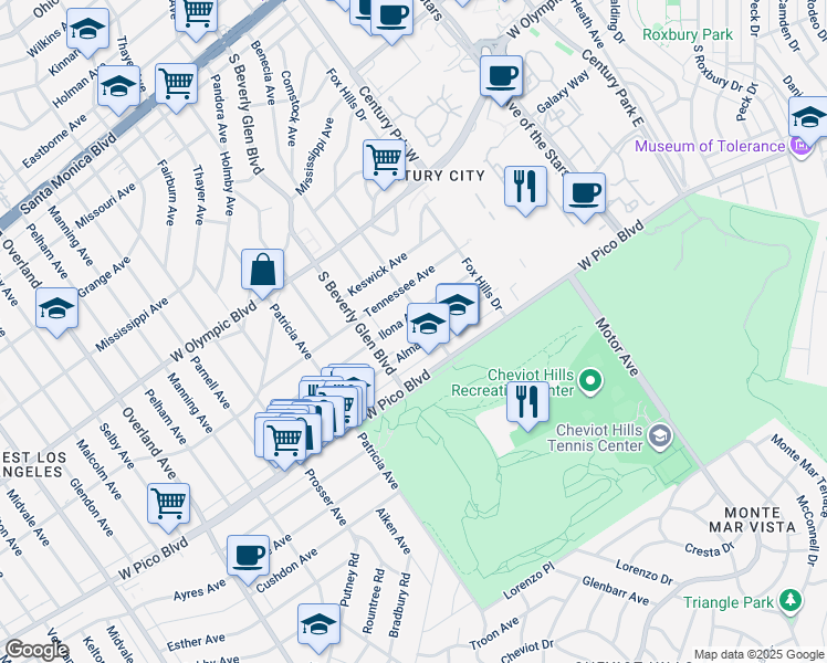 map of restaurants, bars, coffee shops, grocery stores, and more near 10373 Almayo Avenue in Los Angeles
