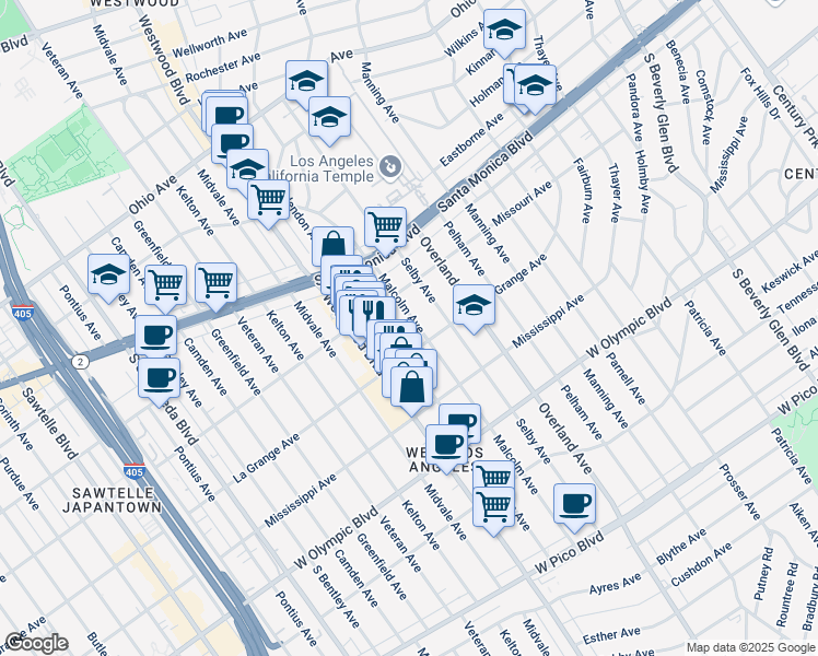 map of restaurants, bars, coffee shops, grocery stores, and more near 1940 Malcolm Avenue in Los Angeles