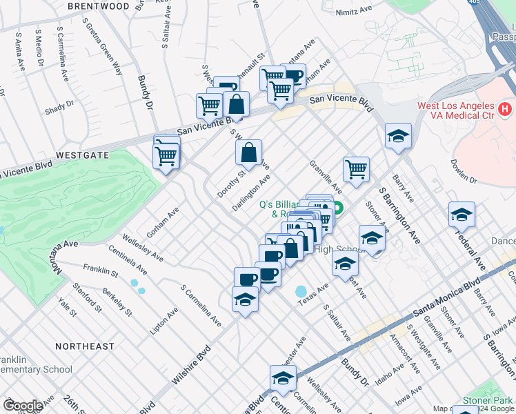 map of restaurants, bars, coffee shops, grocery stores, and more near 11963 Mayfield Avenue in Los Angeles
