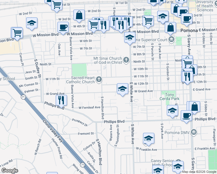 map of restaurants, bars, coffee shops, grocery stores, and more near 1058 West 12th Street in Pomona