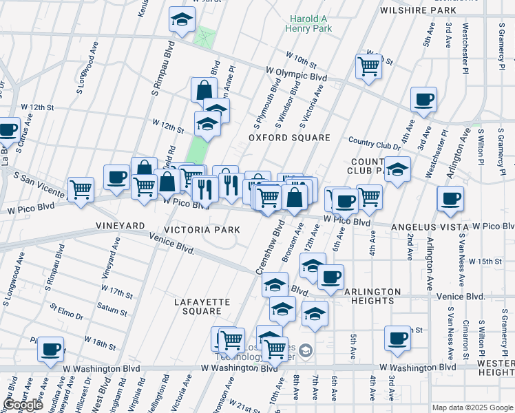 map of restaurants, bars, coffee shops, grocery stores, and more near 1276 South Windsor Boulevard in Los Angeles