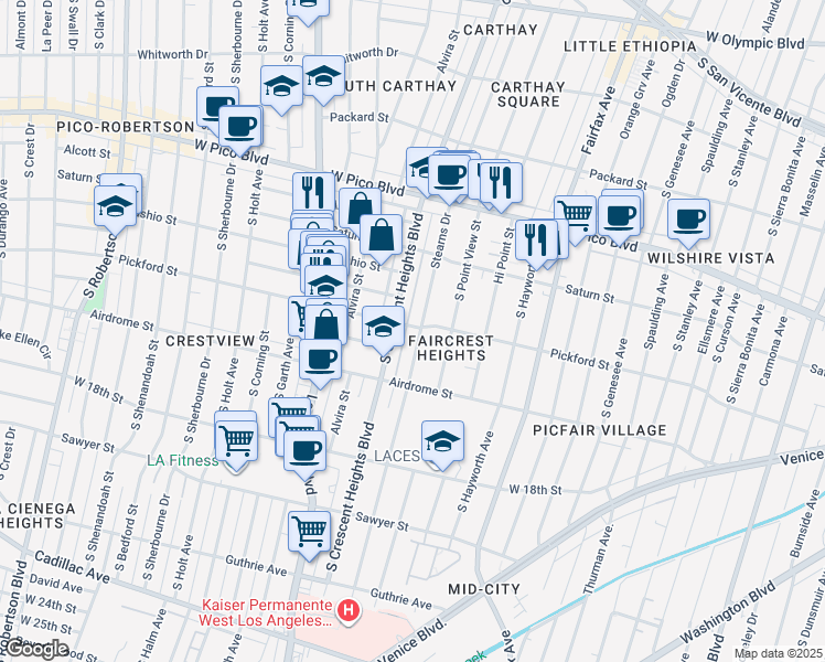 map of restaurants, bars, coffee shops, grocery stores, and more near 1601 Stearns Drive in Los Angeles