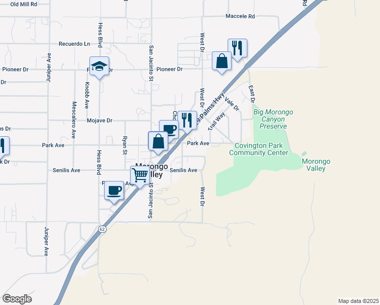 map of restaurants, bars, coffee shops, grocery stores, and more near 49883 Park Avenue in Morongo Valley