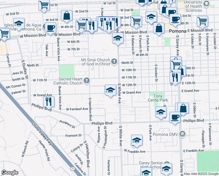map of restaurants, bars, coffee shops, grocery stores, and more near 996 West 12th Street in Pomona