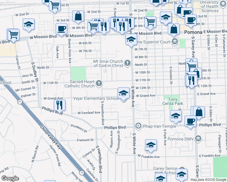 map of restaurants, bars, coffee shops, grocery stores, and more near 1058 West 12th Street in Pomona